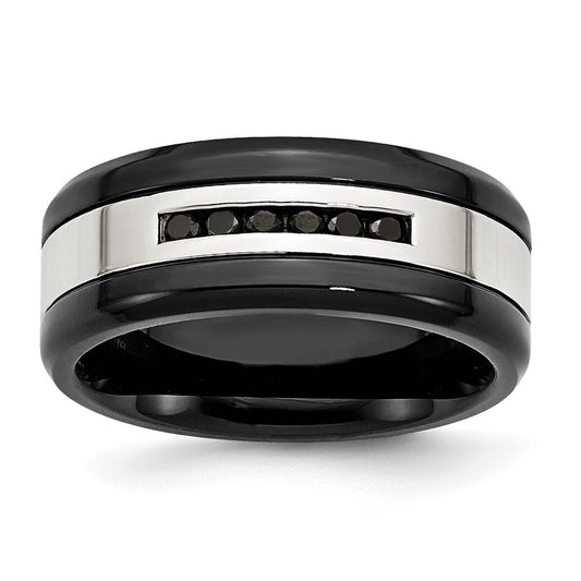 Stainless Steel Polished Black IP-plated 1/4ct Black Diamond 9mm Band Size - 10.5