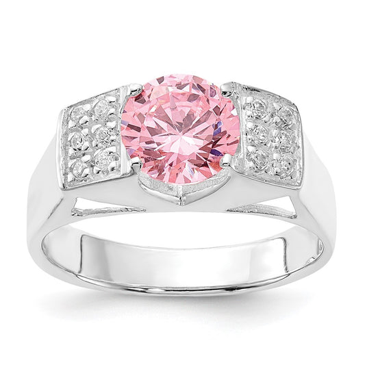 Sterling Silver Pink Round w/Pavâ Sides CZ Ring
