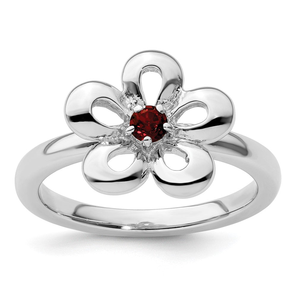 Sterling Silver Stackable Expressions Polished Garnet Flower Ring Size -7