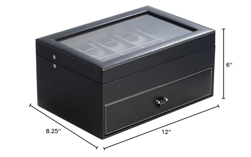 Bey-Berk International BB683BLK Black Pebbled Leather 20 Watch Case with Glass See-Thru