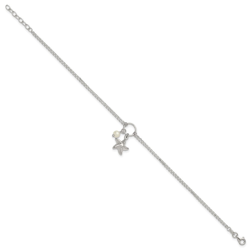 Sterling Silver Polished Freshwater Cultured Pearl with 3D Starfish Double Strand 9 inch with 1 inch Extension Anklet