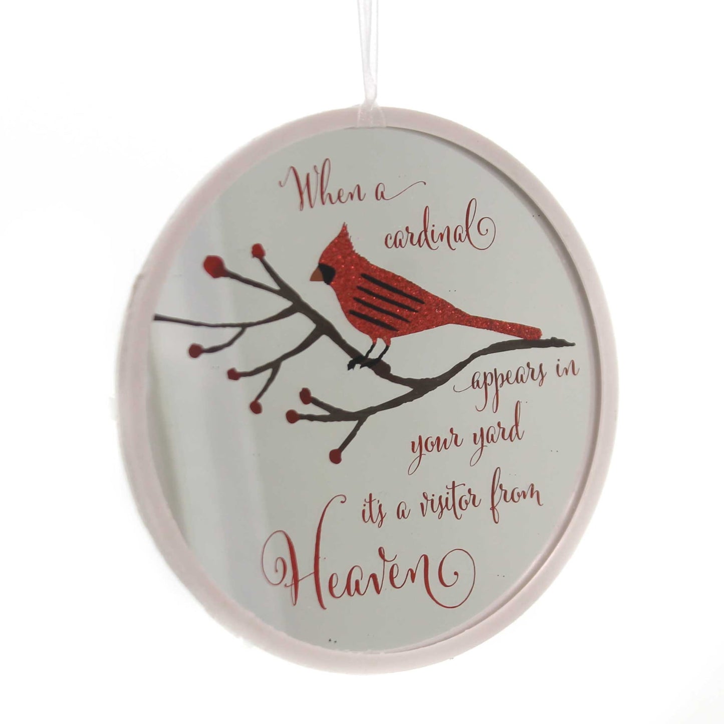 Cardinal Visitor From Heaven Glitter 4.5 Inch Glass Memorial Disk Christmas Ornament