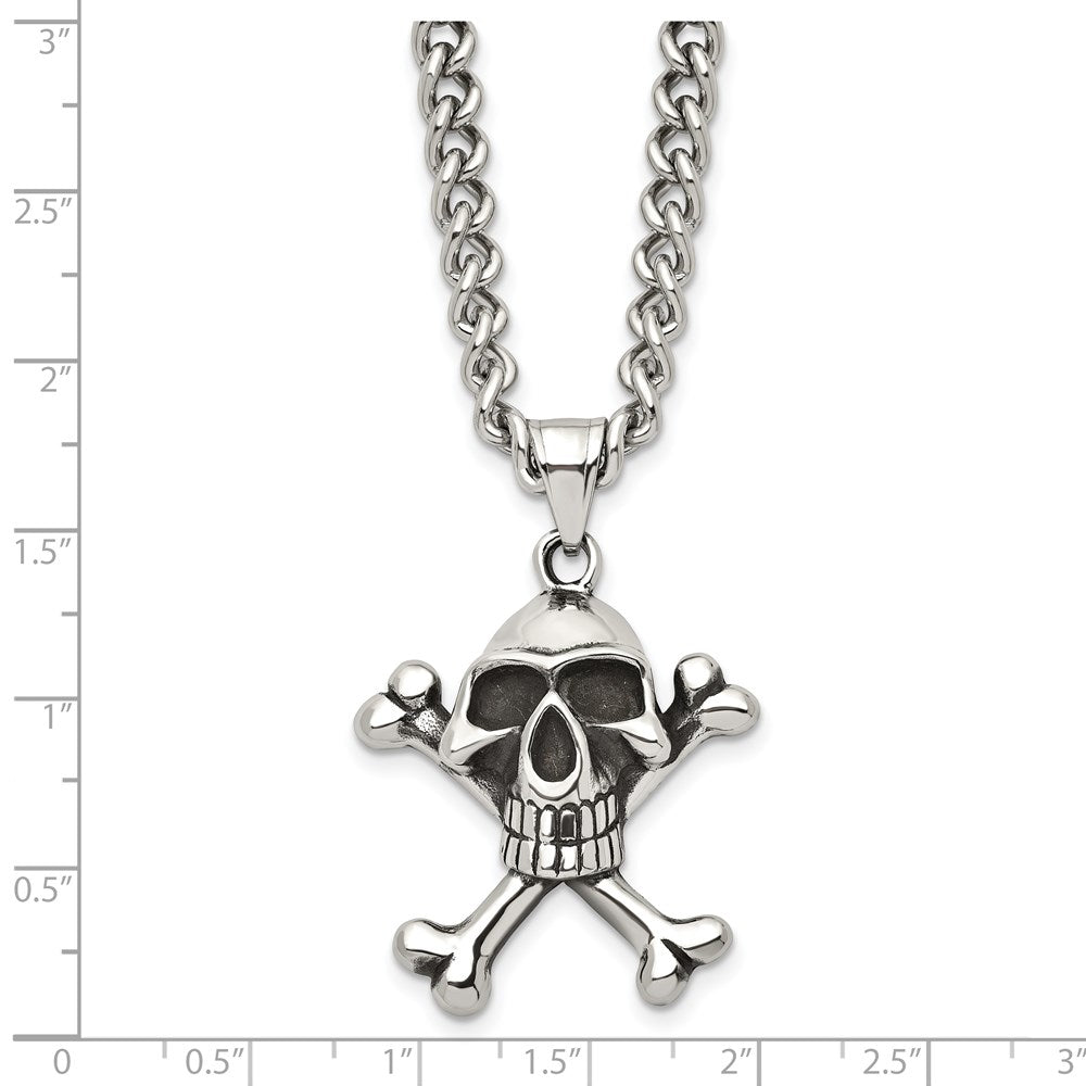 Stainless Steel Antiqued and Polished Skull & Crossbones 24in Necklace