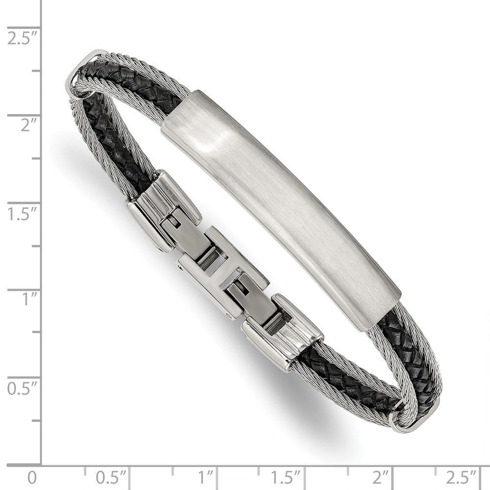 Chisel Stainless Steel Brushed and Polished Wire and Braided Black Leather 6.75 inch Plus a .5 inch Extension ID Bracelet 7.25 inches
