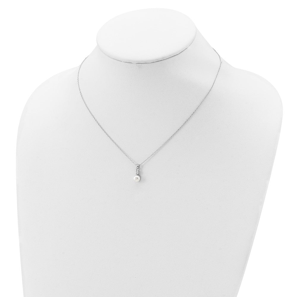 Sterling Silver Rhodium-plated 6-7mm White Button Freshwater Cultured Pearl and CZ 17 inch Necklace 17 Inches