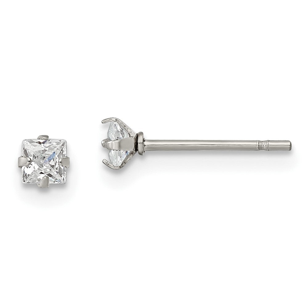 Stainless Steel Polished 3mm Square CZ Stud Post Earrings