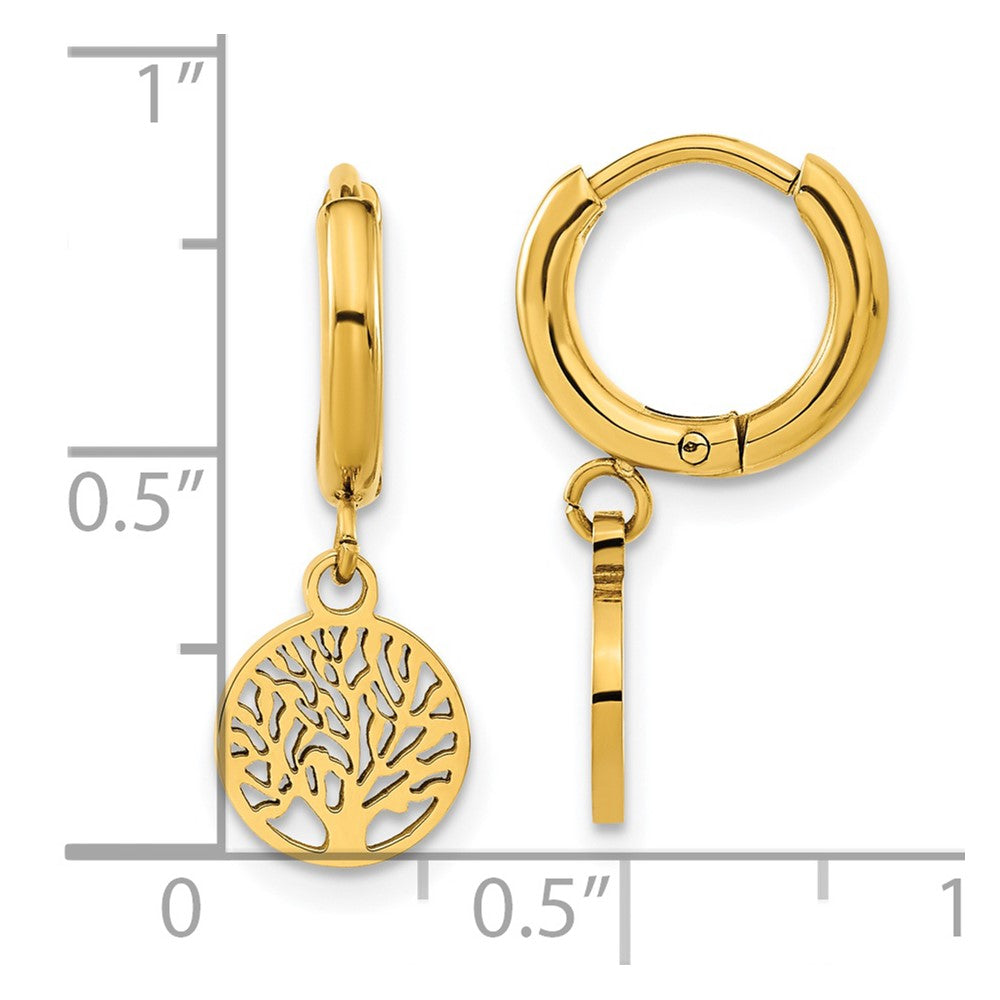 Stainless Steel Polished Yellow IP-plated Tree Dangle Hoop Earring
