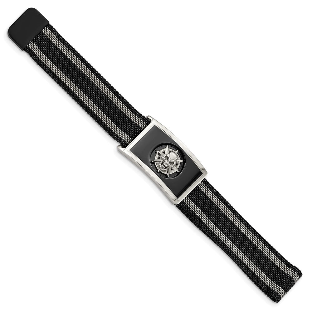 Stainless Steel Polished Black IP-plated Mesh Adj Magnetic Skull Bracelet