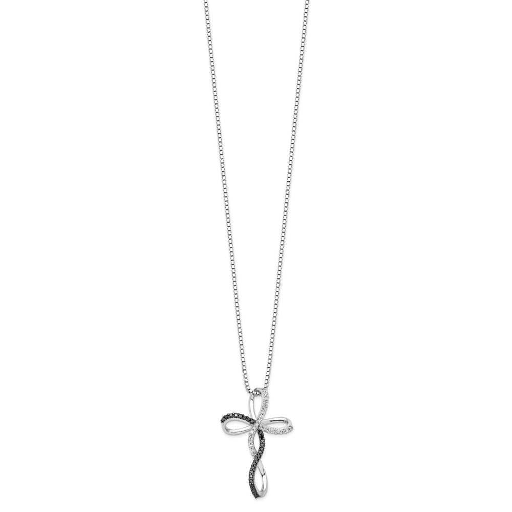 White Night Sterling Silver Rhodium-plated Black and White Diamond Cross 18 Inch Necklace with 2 Inch Extender 18 Inches