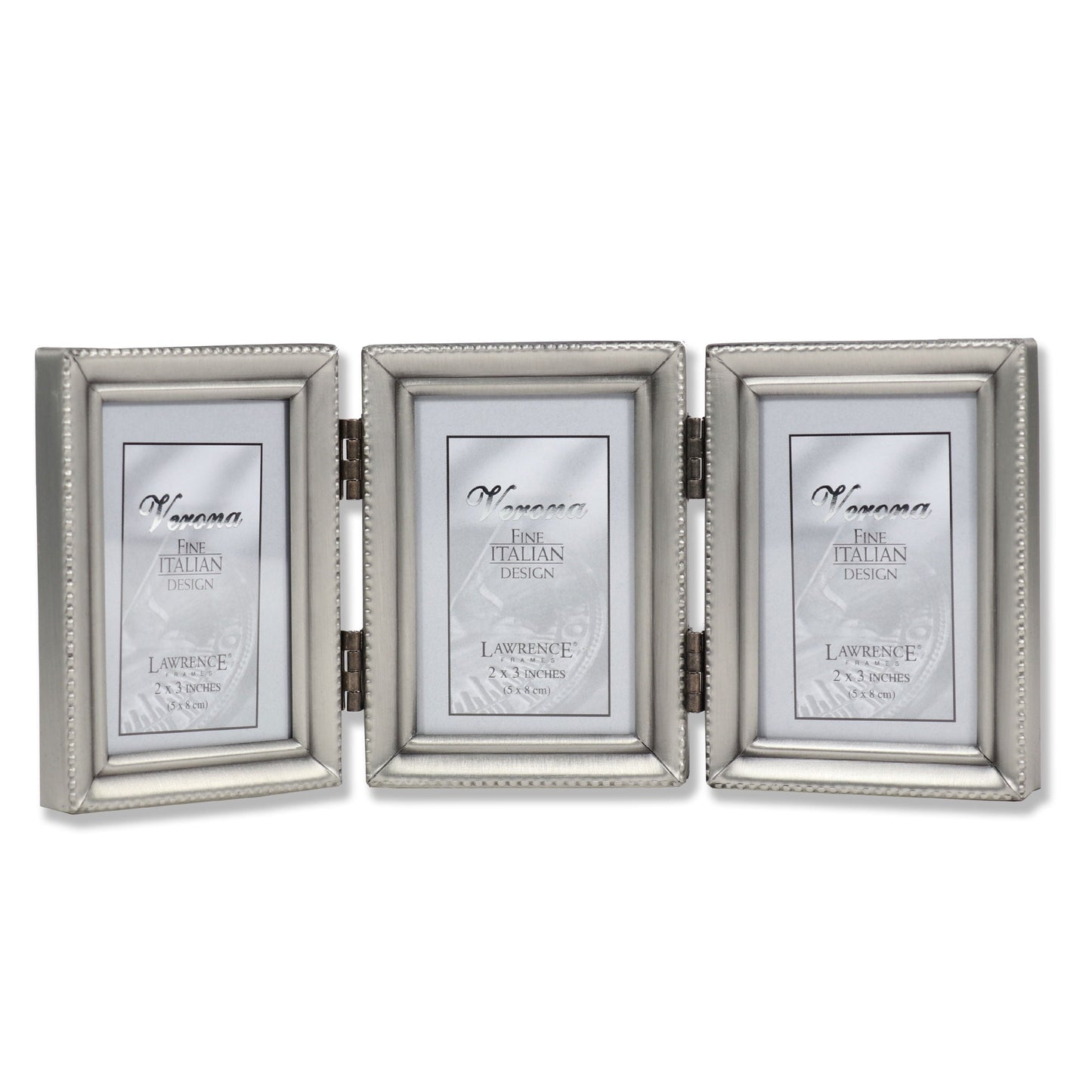 Antique Pewter Hinged Triple 2x3 Picture Frame - Beaded Edge Design