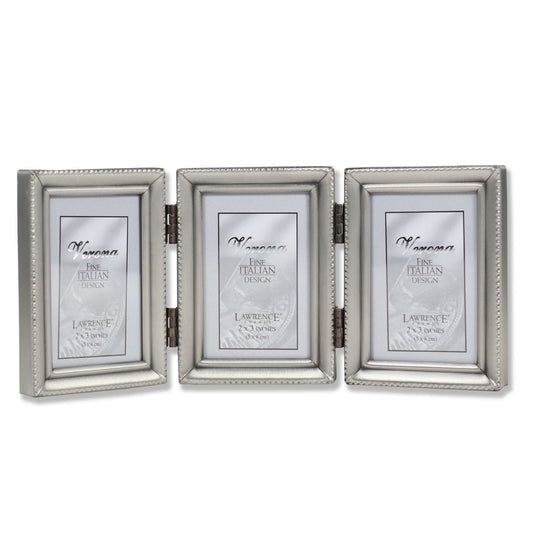 Antique Pewter Hinged Triple 2x3 Picture Frame - Beaded Edge Design