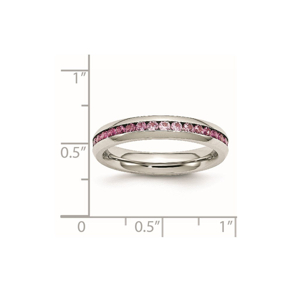 Stainless Steel Polished 4mm July Dark Pink CZ Ring Size - 8