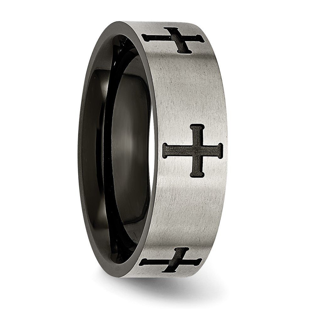 Titanium Brushed Black IP-plated Cross 7mm Band Size - 11