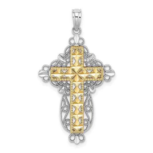 14K Two-Tone D/C Filigree Cross Charm