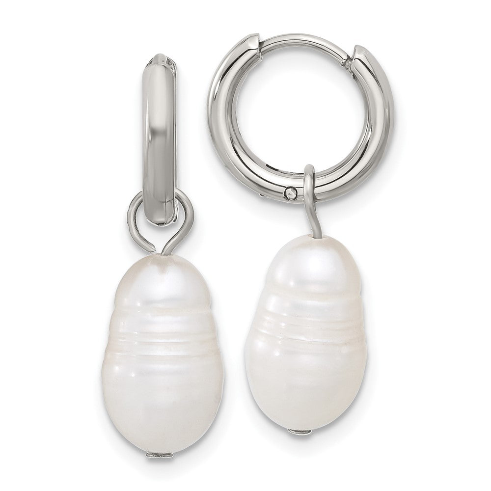 Chisel Stainless Steel Polished White Baroque Freshwater Cultured Pearl Dangle Hinged Hoop Earrings