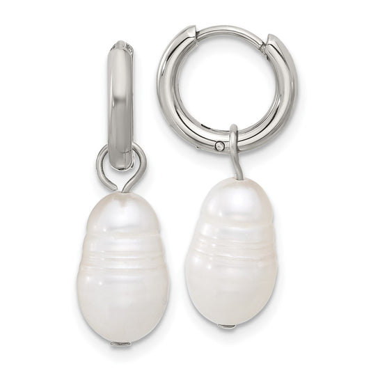 Chisel Stainless Steel Polished White Baroque Freshwater Cultured Pearl Dangle Hinged Hoop Earrings