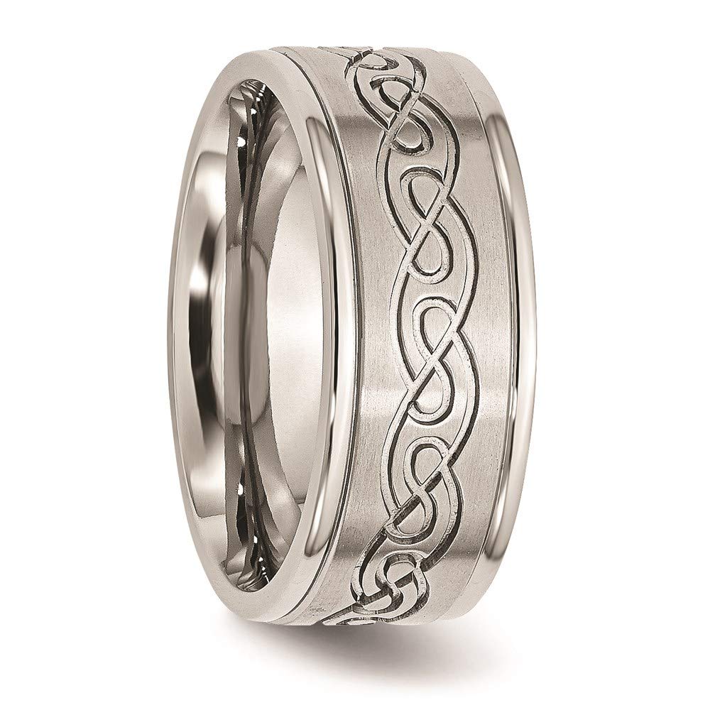 Stainless Steel Brushed/Polished Scroll Design 9mm Ridged Edge Band Size - 8