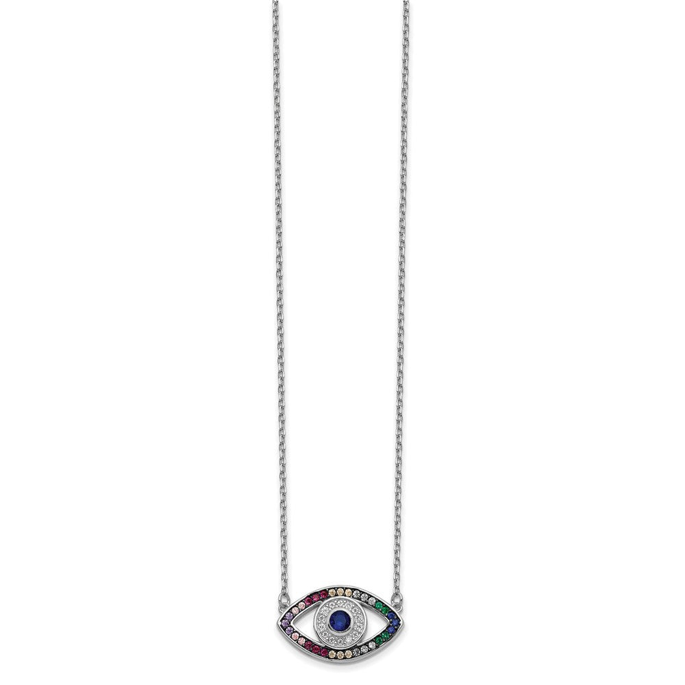 Prizma Sterling Silver Rhodium-plated 16 inch Colorful CZ Evil Eye Necklace with 2 inch Extender 16 Inches