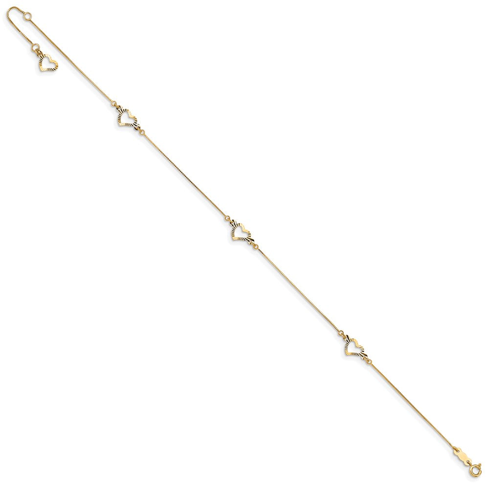 14k Adjustable Heart 9in Plus 1in ext Anklet 9 inches