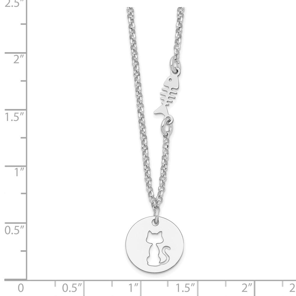 Sterling Silver Rhodium-plated Kitty and Fish w/1 in Ext Necklace 16 Inches