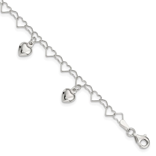 Sterling Silver Polished Dangling Heart Children's Bracelet 6 inches