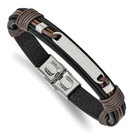 Stainless Steel Polished Black and Brown Leather 8.25in Bracelet 8.25 inches