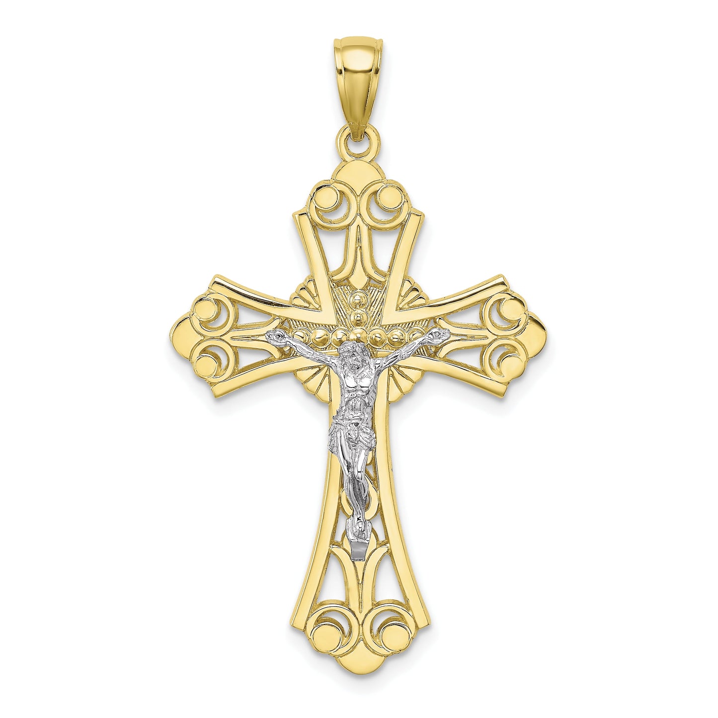 10K w/ Rhodium D/C Filigree Cross Pendant