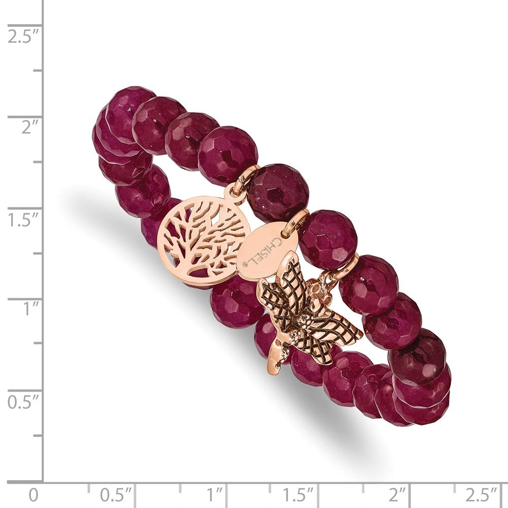 Stainless Steel Antiqued & Polished Rose IP Dragonfly Pink Dyed Jade Bracel 6.25 inches