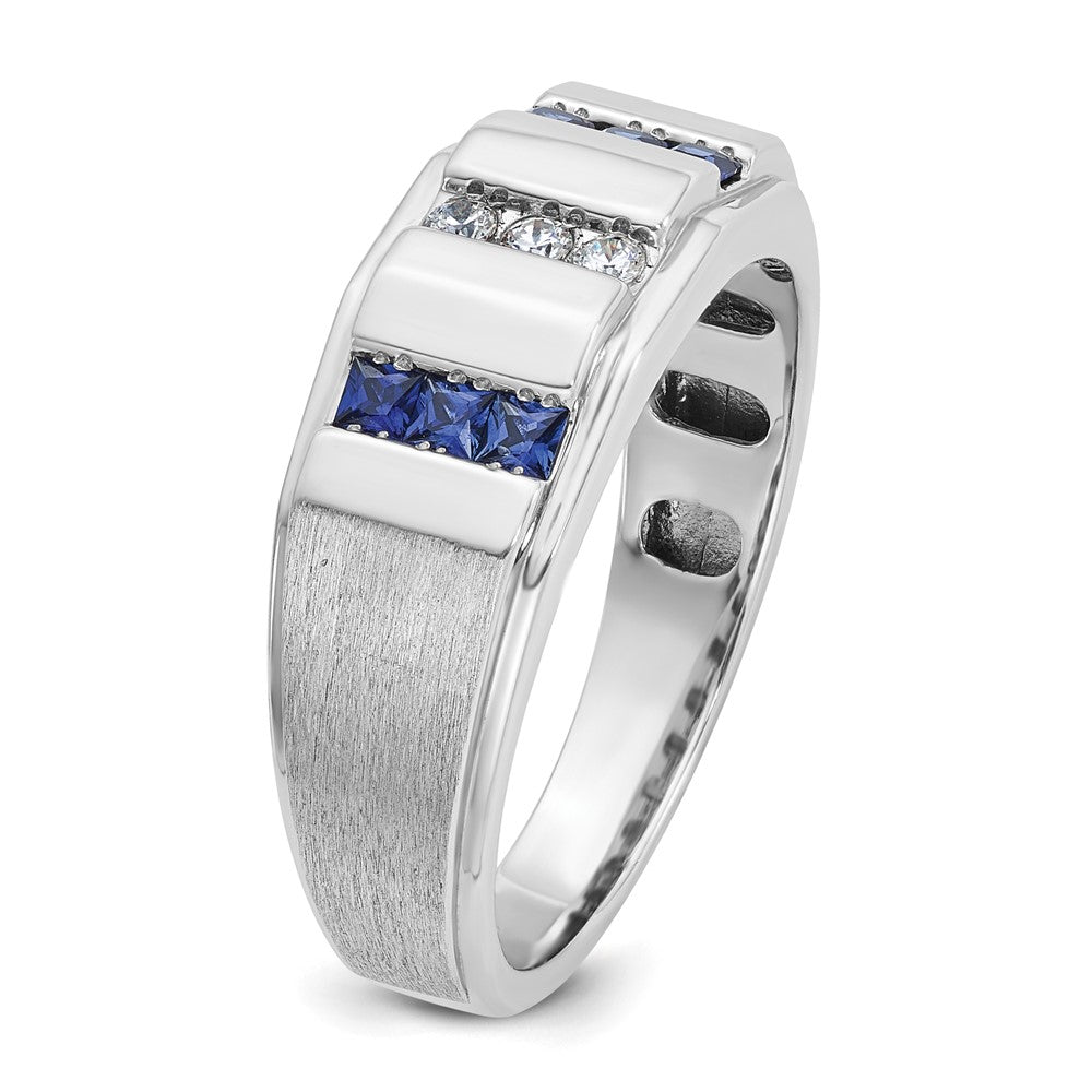 IBGoodman 14k White Gold Men's Polished and Satin 3-Row Lab Created Sapphire and 1/10 Carat AA Quality Diamond Ring Size 10