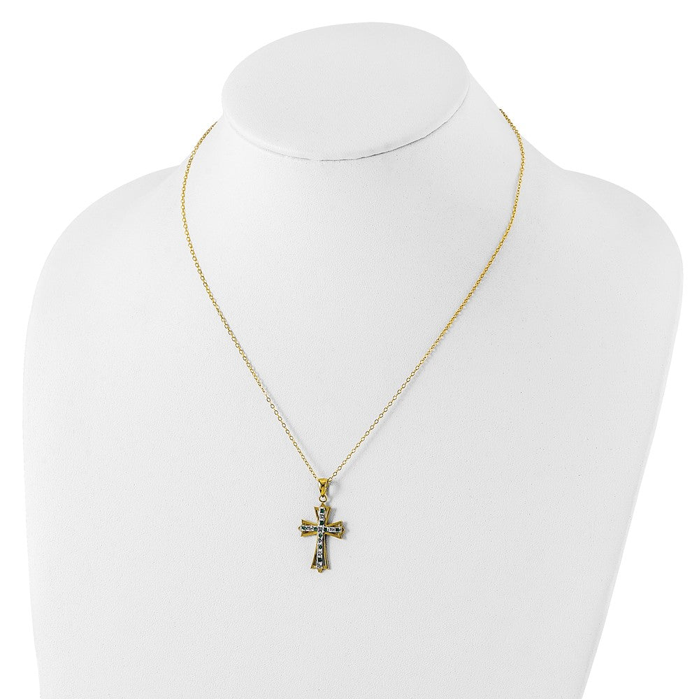 Diamond Fascination Diamond Mystique Sterling Silver 18K Gold-plated Diamond and Emerald Cross 18 Inch Necklace 18 Inches