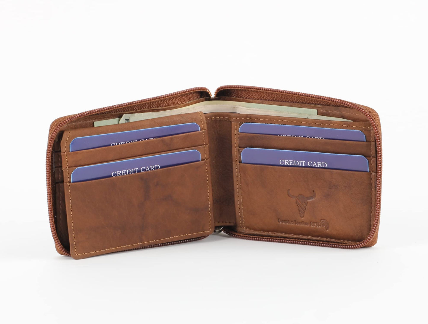 Tan Leather RFID Blocking Zip Around Top Flap Wallet
