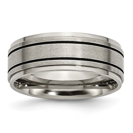 Titanium Satin Center Black Enamel 8mm Ridged Edge Band Size - 11.5