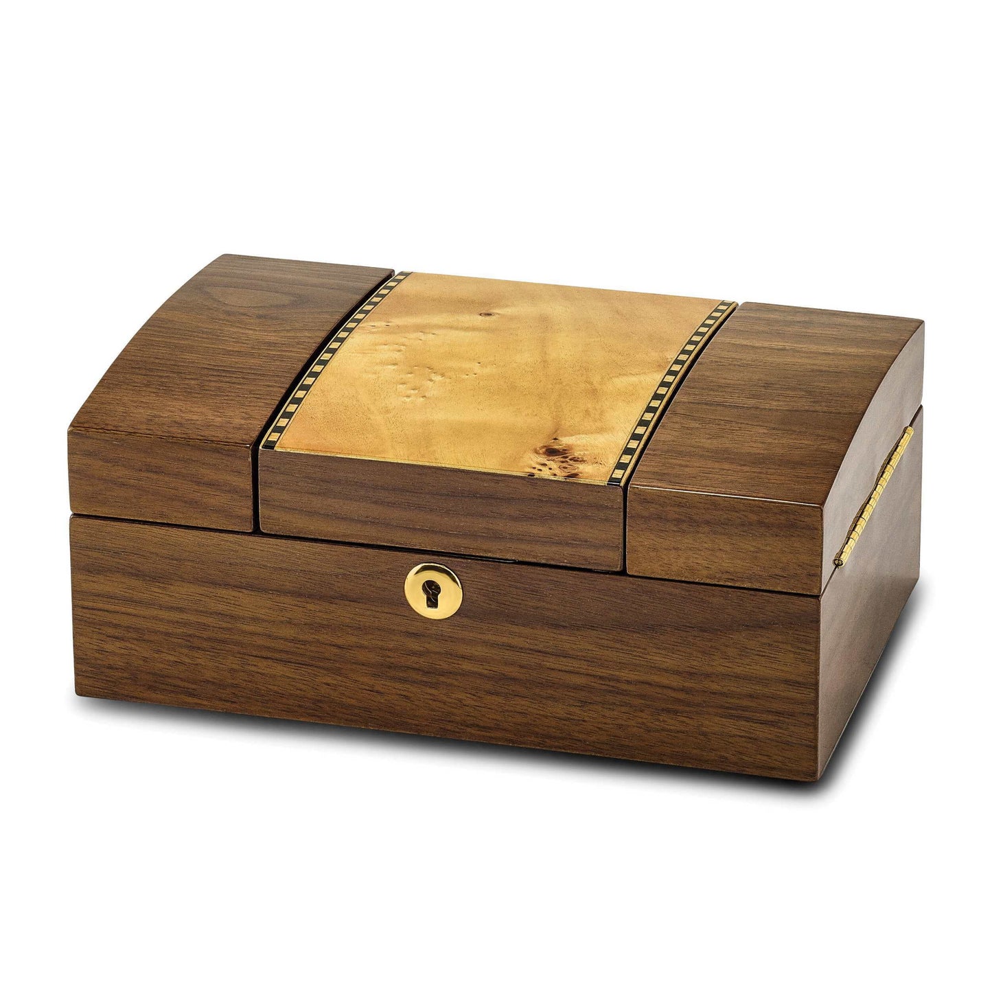 Luxury Giftware High Gloss Mapa Burl and Walnut Burl Veneer Fold-out Top Locking Wooden Jewelry Box QJJB435