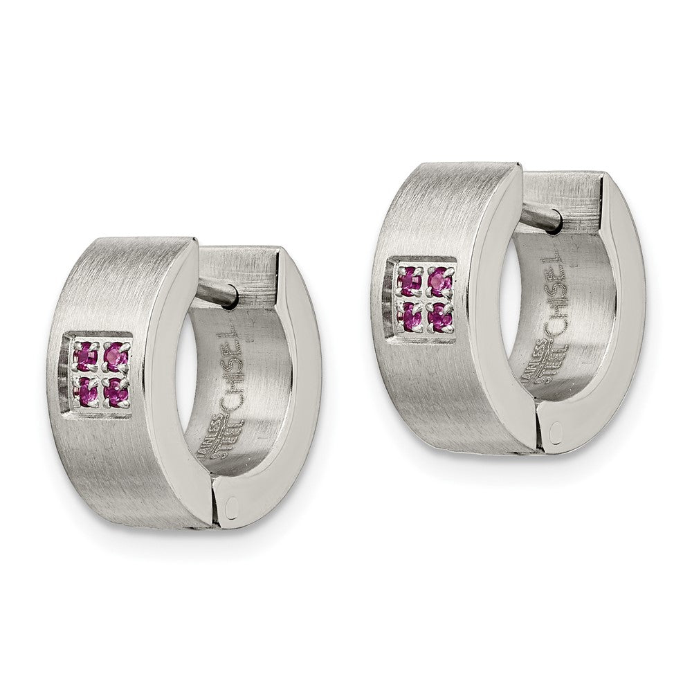Stainless Steel Brushed & Polished w/Pink CZ 5mm Hinged Hoop Earrings