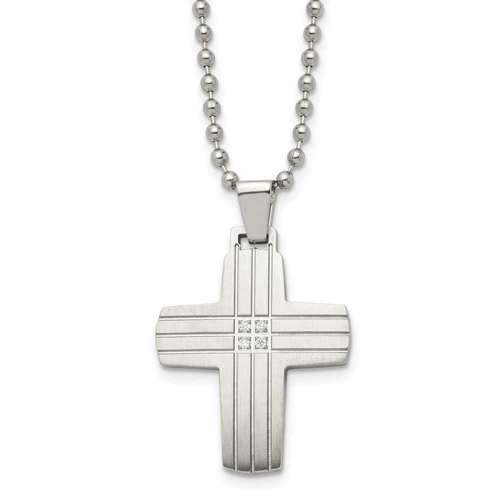 Stainless Steel Brushed and Polished w/CZ Cross 22in Necklace