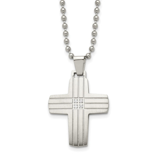 Stainless Steel Brushed and Polished w/CZ Cross 22in Necklace