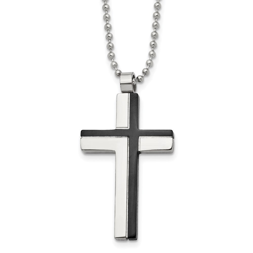 Stainless Steel Polished Black IP-plated Laser Cut Cross 20in Necklace