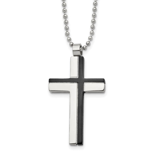 Stainless Steel Polished Black IP-plated Laser Cut Cross 20in Necklace