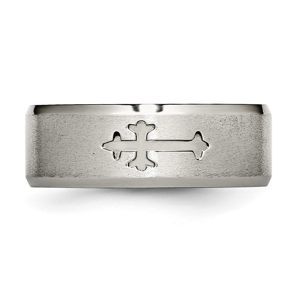 Titanium Brushed Center Cross Design 8mm Beveled Edge Band Size - 12.5