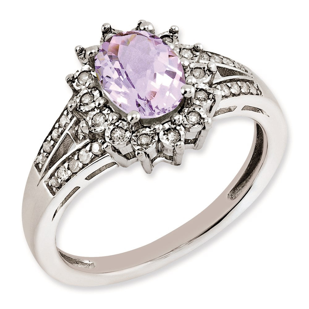 Sterling Silver RH-plated Diamond & Oval Checker-Cut Pink Quartz Ring
