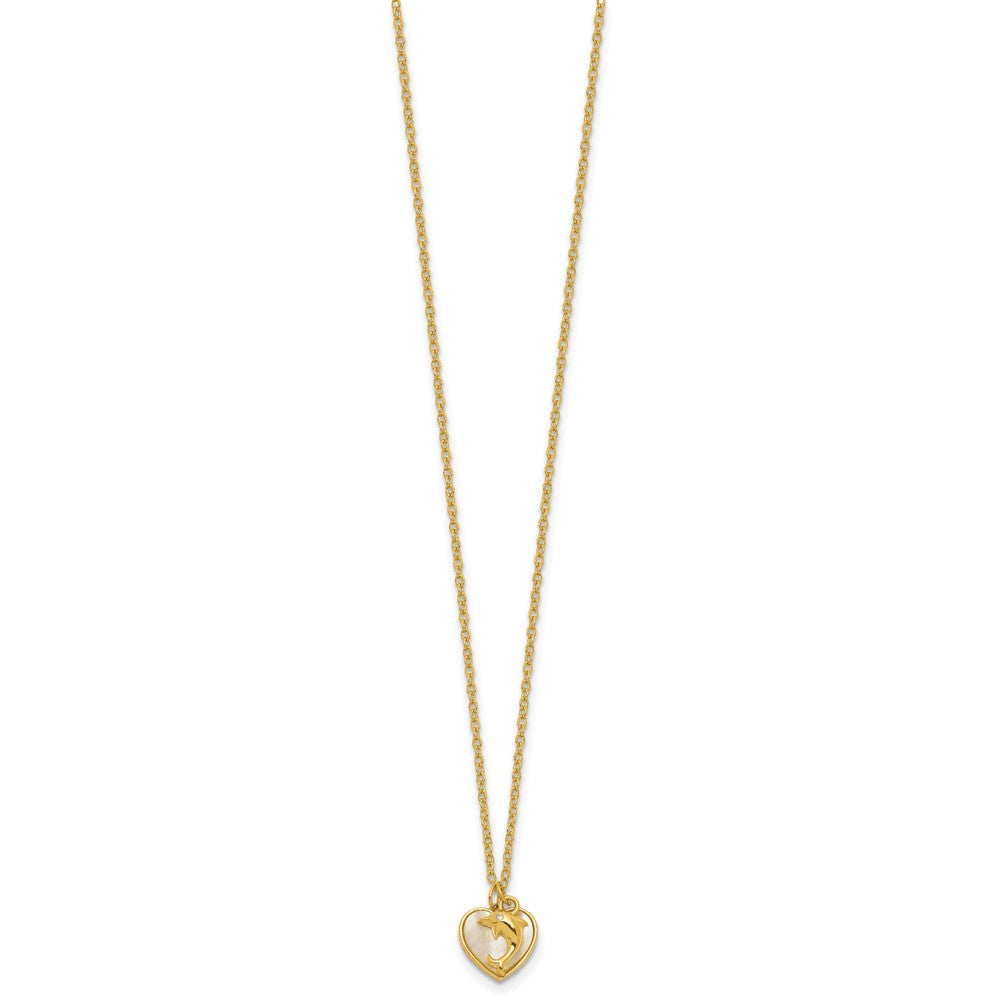 SS Gold-tone MOP and CZ Heart and Dolphin 16in w/2in Ext Necklace 16 Inches