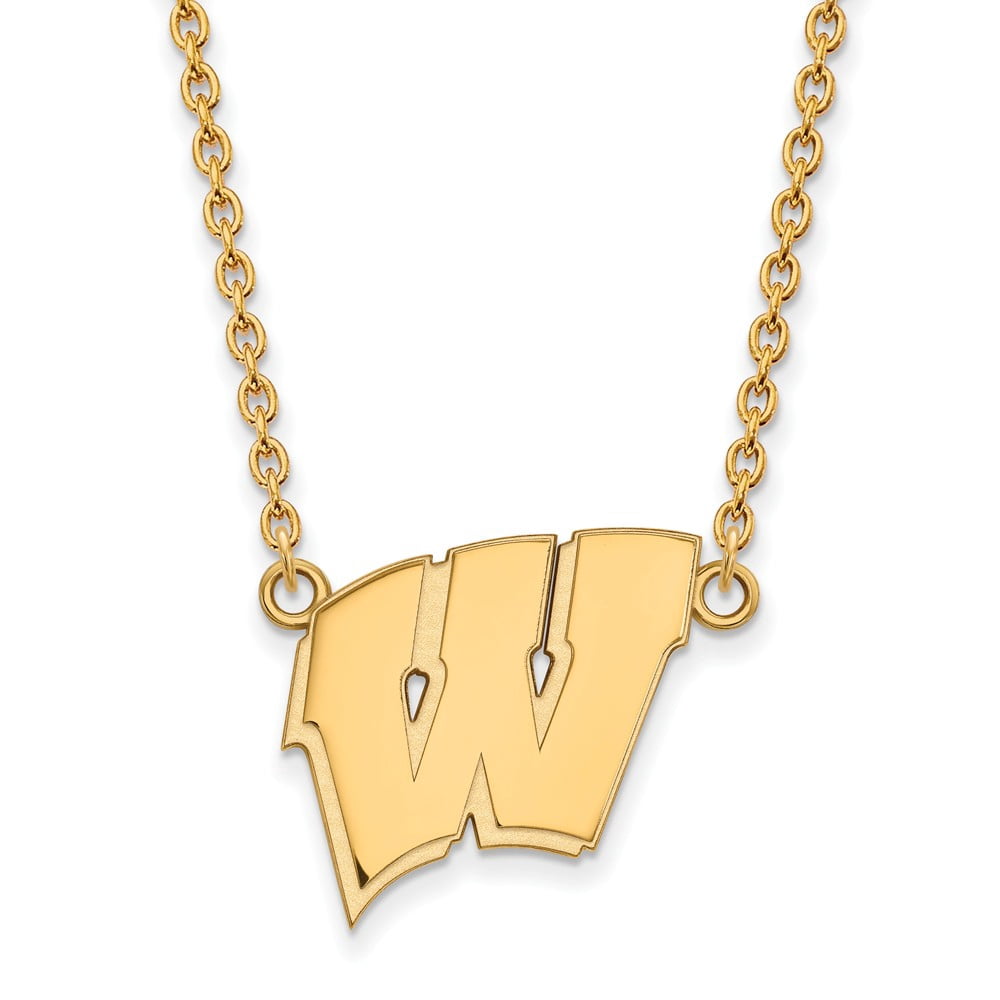Sterling Silver Gold-plated LogoArt University of Wisconsin Letter W Large Pendant 18 inch Necklace QGP016UWI-18