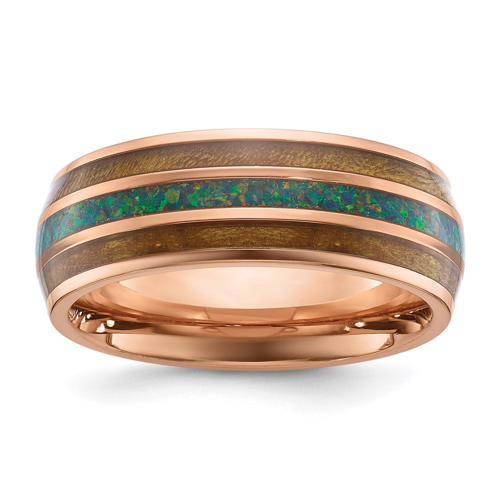 Chisel Stainless Steel Polished Rose IP-plated with Wood and Imitation Opal Inlay 8mm Band Size - 12.5