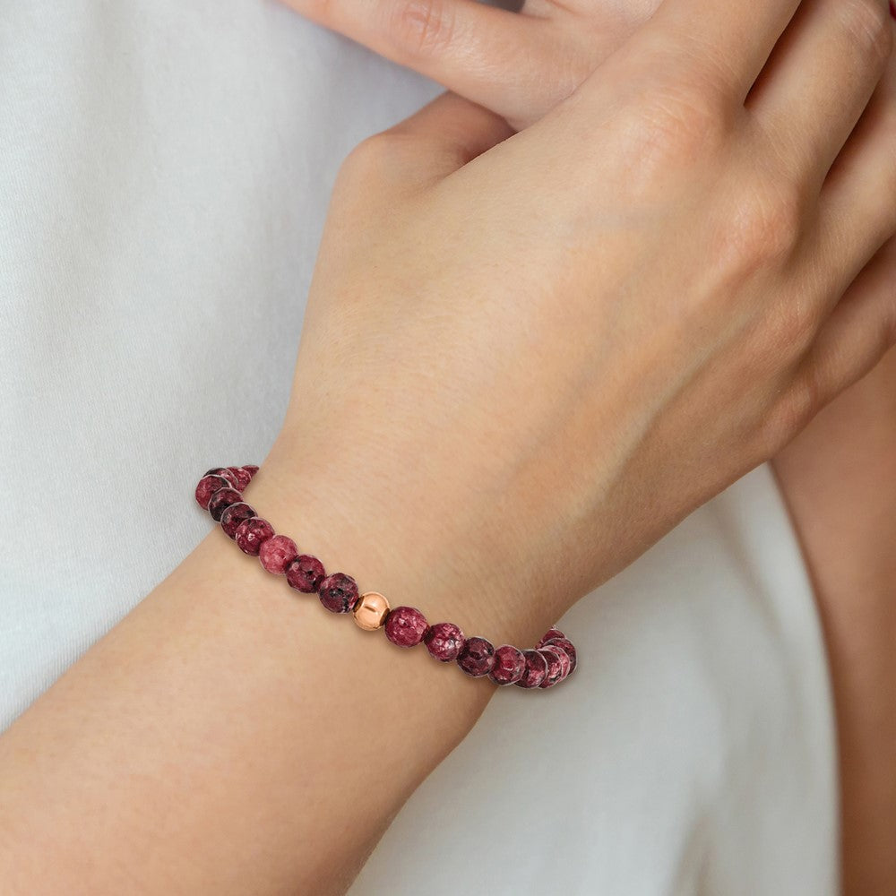 Stainless Steel Polished Rose IP-plated Red Jade Stretch Bracelet 6 inches