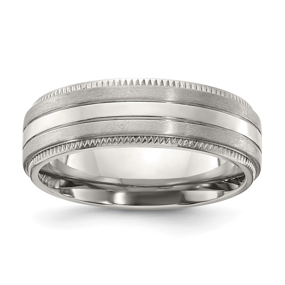 Titanium Brushed and Polished Textured Edge 7mm Band Size - 13