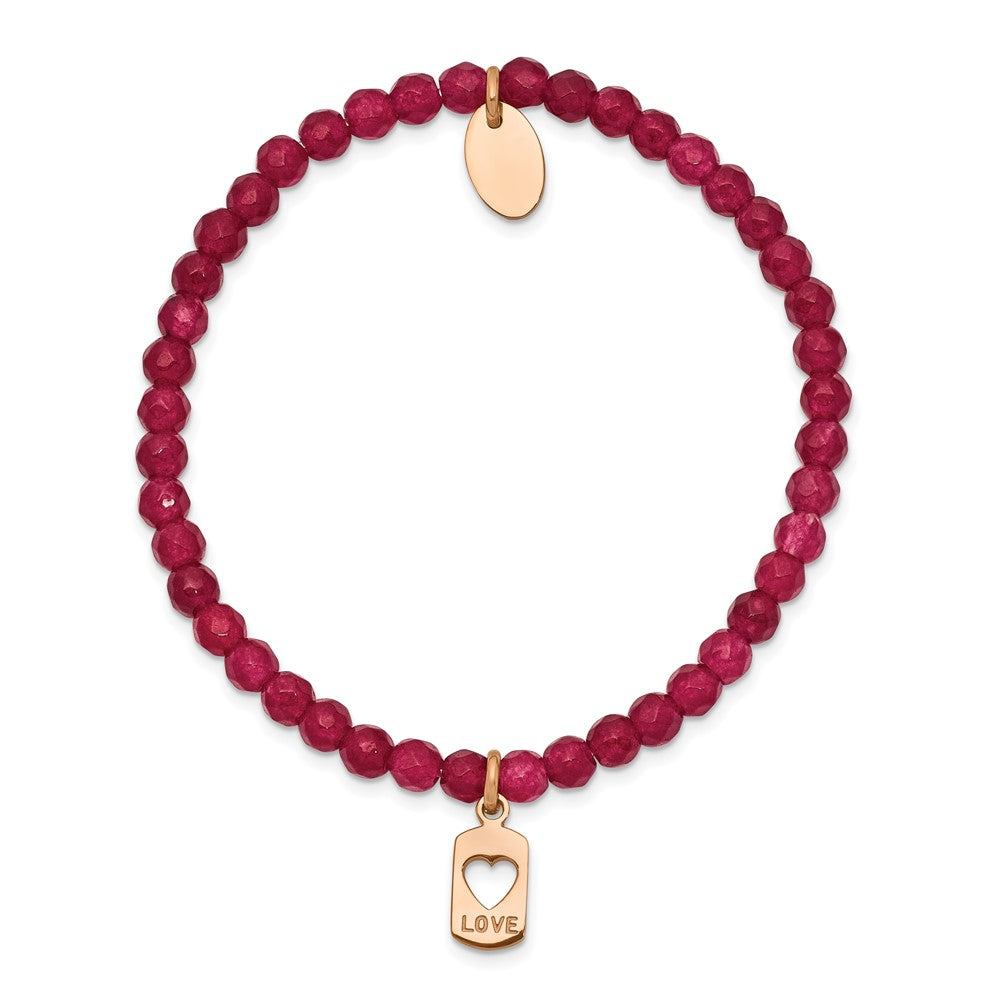 Stainless Steel Polished Rose IP-plated LOVE Red Jade Stretch Bracelet 6.25 inches