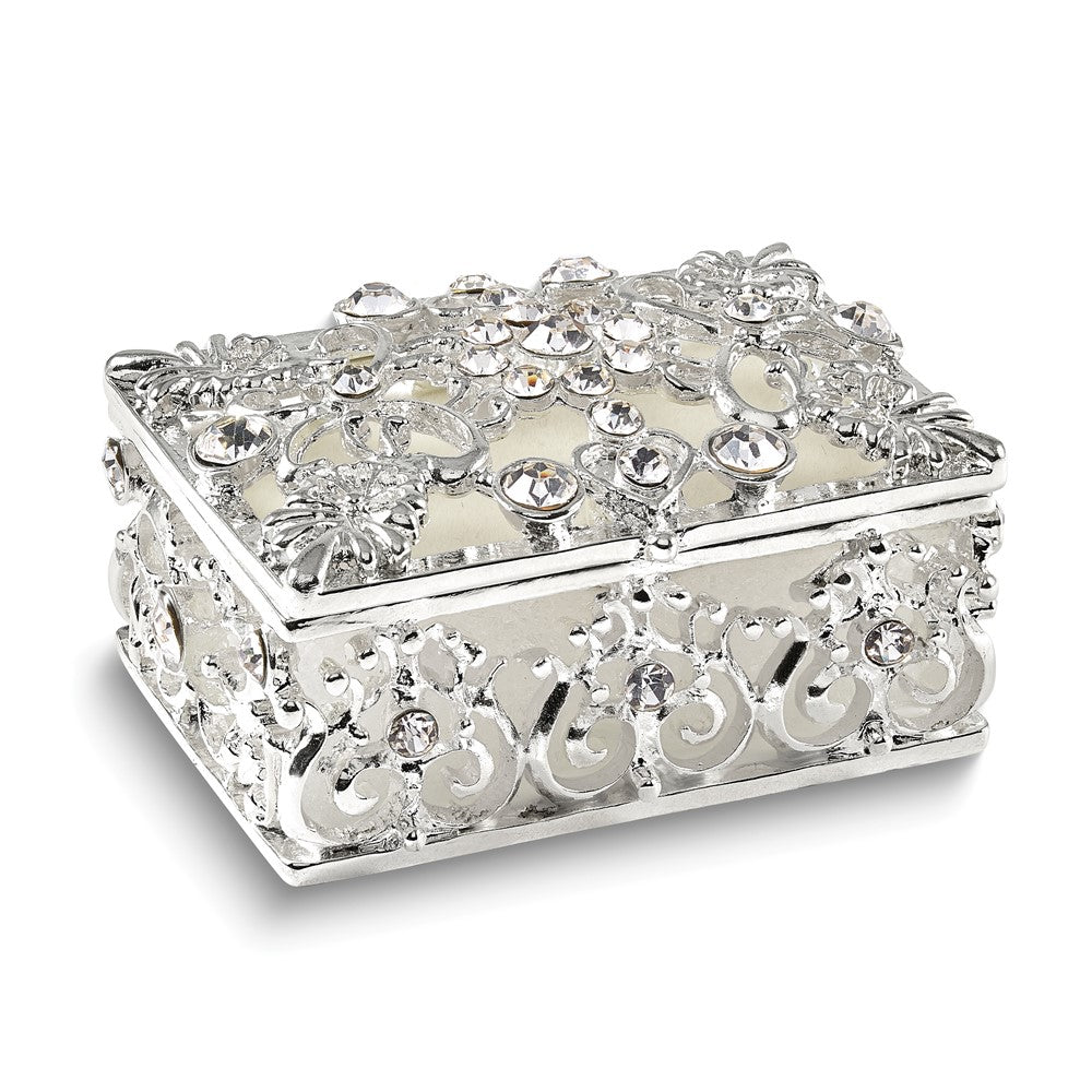 Luxury Giftware by Jere Bejeweled ALLURING Rectangle Silver-tone Heart Trinket Box with Matching 18 inch Necklace