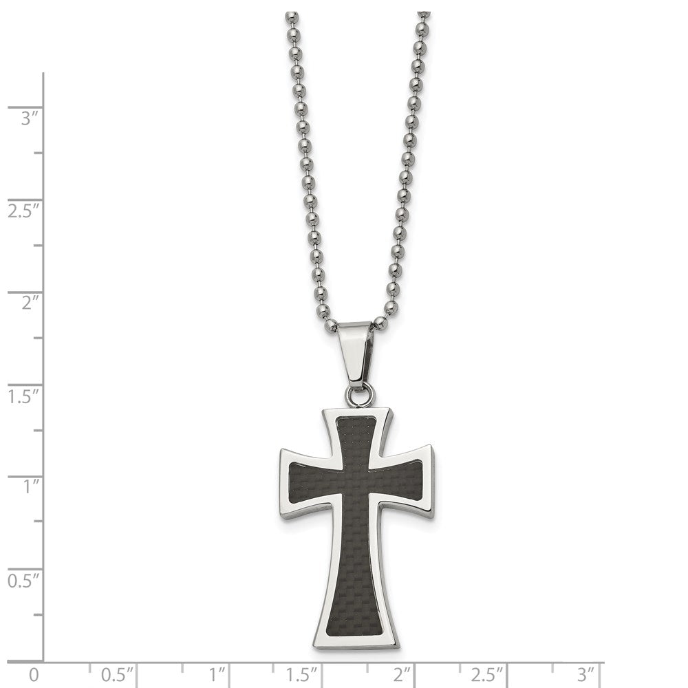 Stainless Steel Polished w/Carbon Fiber Inlay Cross 22in Necklace