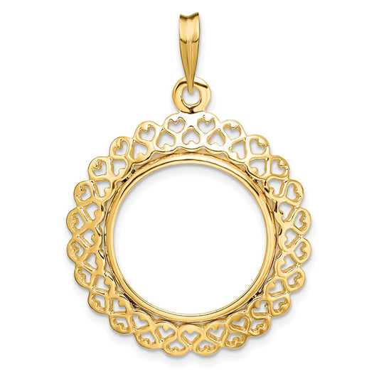 Wideband Distinguished Coin Jewelry 14k Polished Heart Filigree 18.0mm Prong Coin Bezel Pendant