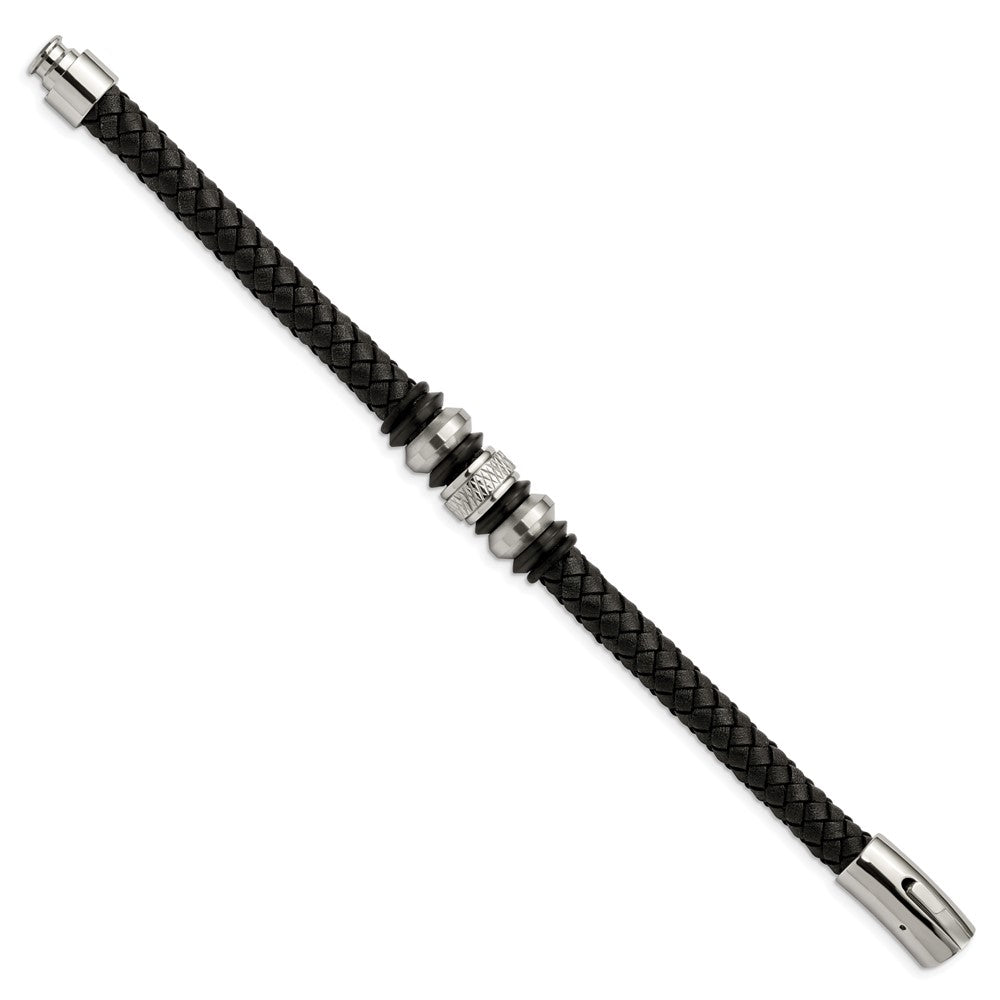Stainless Steel Brushed & Polished Black IP Leather & Rubber Bracelet 8.5 inches